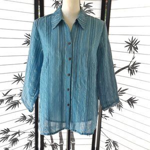 Vintage 1990s Blue Pin Striped 3/4 Sleeve Semi Sheer Top